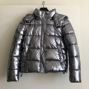 Zara Silver Puffer Jacket with Removable Hood, XS
